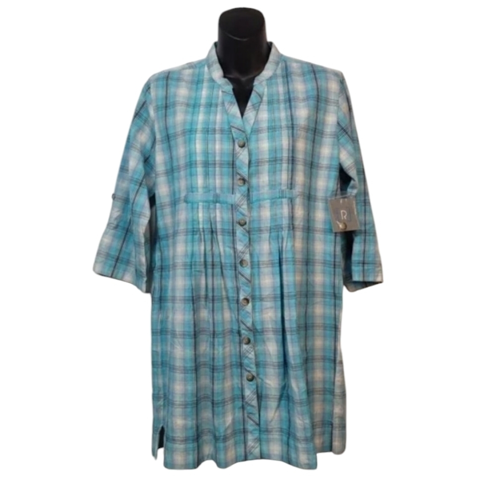 Relativity Women's Teal Plaid Button Down Shirt Size M NWT
